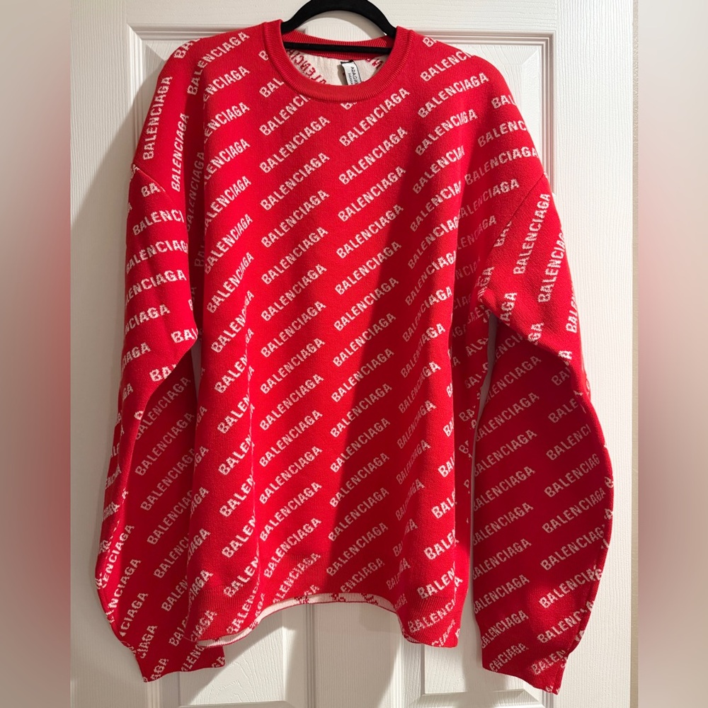 New! $1,450 Balenciaga Red Logo Unisex Men’s Knit Crewneck Sweater Size Medium M